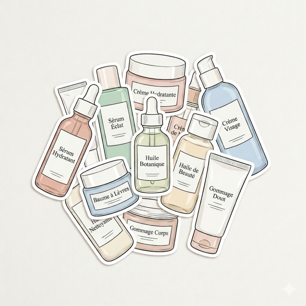 illustration style sticker d'un empilement de plusieurs flacons et tubes de soin pour la peau aux tons pastels