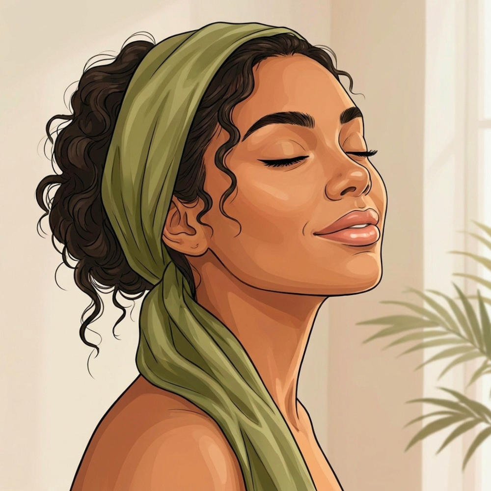 illustration digitale d'une femme apaisée, le visage serein, les yeux fermés , la peau au repos